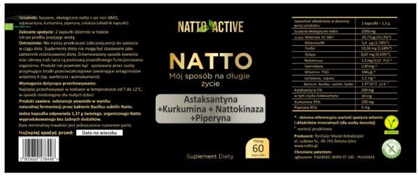 Natto Active Astaksantyna 200Mg Kurkumina 200Mg Piperyna 4Mg- 60 kapsułek 750 mg – Suplement diety - obrazek 3