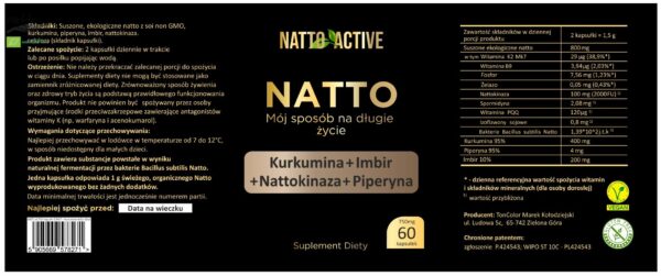 Natto Active Kurkumina 400Mg Imbir 200Mg Nattokinaza 100Mg (2000 FU) Piperyna 4Mg – 60 kapsułek 750 mg – Suplement diety - obrazek 3
