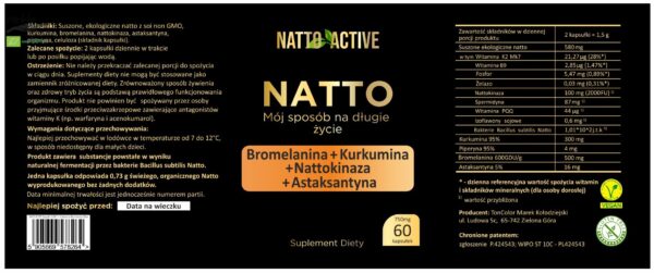 Natto Active Bromelaina 500Mg Kurkumina 300Mg Nattokinaza 100Mg (2000 FU) Astaksantyna 16Mg Piperyna 4Mg- 60 kapsułek 750 mg – Suplement diety - obrazek 2