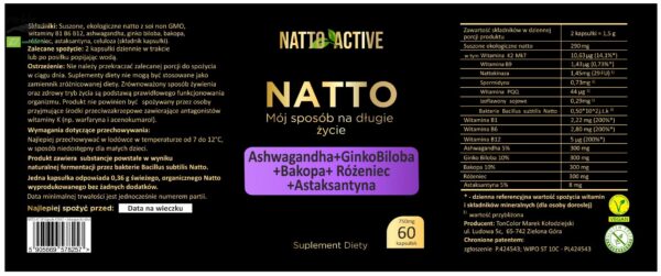 Natto Active Ashwagandha 300Mg Ginko Biloba 300Mg Bakopa 300Mg Różeniec 300Mg – 60 kapsułek 750 mg – Suplement diety - obrazek 3