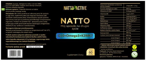 Natto Active Koenzym Q10 300Mg K2 MK7 Nattokinaza – 60 kapsułek 750 mg – Suplement diety - obrazek 2