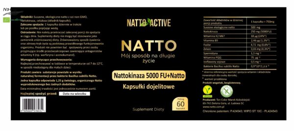 Natto Active Nattokinaza 250Mg 5000 FU K2 MK7 – 60 kapsułek 750 mg – Suplement diety - obrazek 2